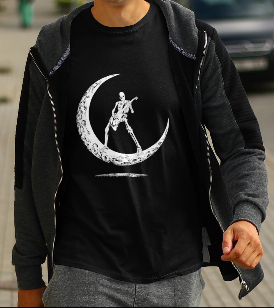 Skeleton Playing Guitar On Crescent Moon Rock And Roll Band T-Shirt