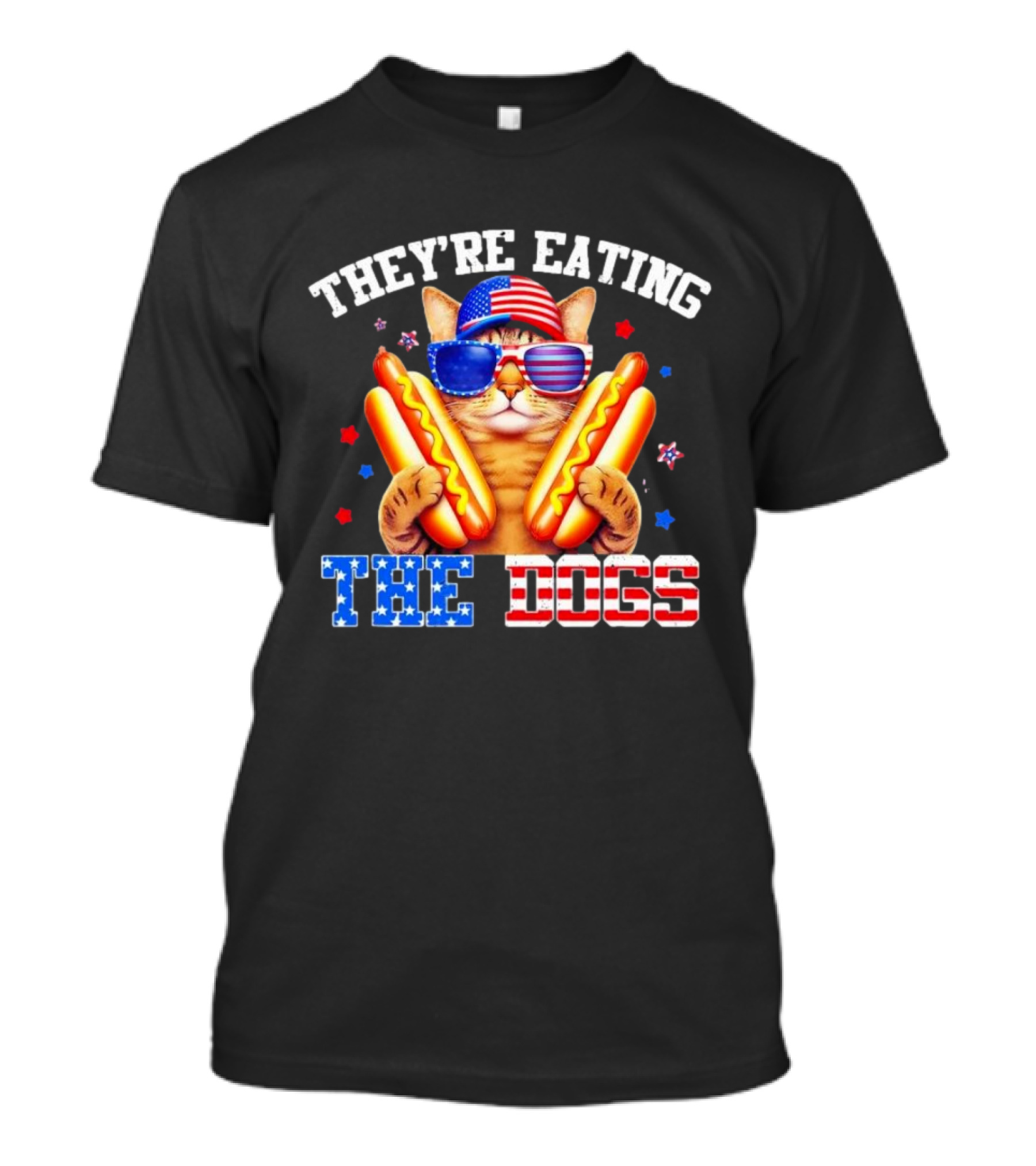 They’re Eating The Dogs Patriotic Cat With Hotdogs And American Flag Sunglasses T-Shirt