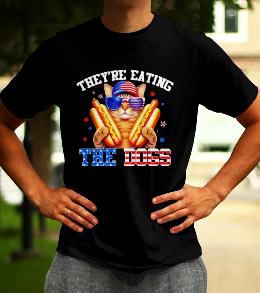 They’re Eating The Dogs Patriotic Cat With Hotdogs And American Flag Sunglasses T-Shirt