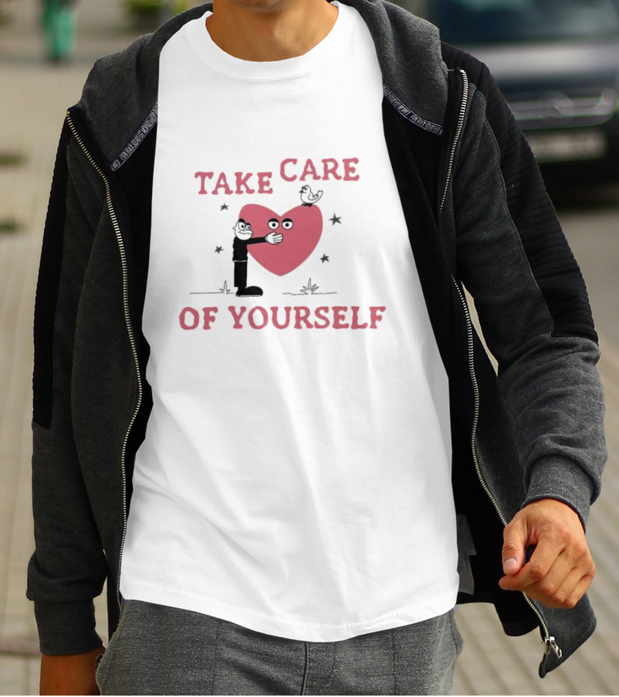 Take Care Of Yourself Heart With Cartoon Character And Bird T-Shirt
