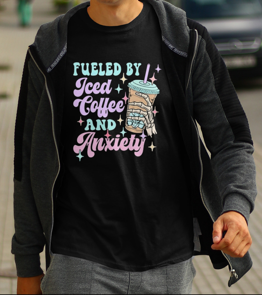 Fueled By Iced Coffee And Anxiety Skeleton Hand Pastel Aesthetic T-Shirt