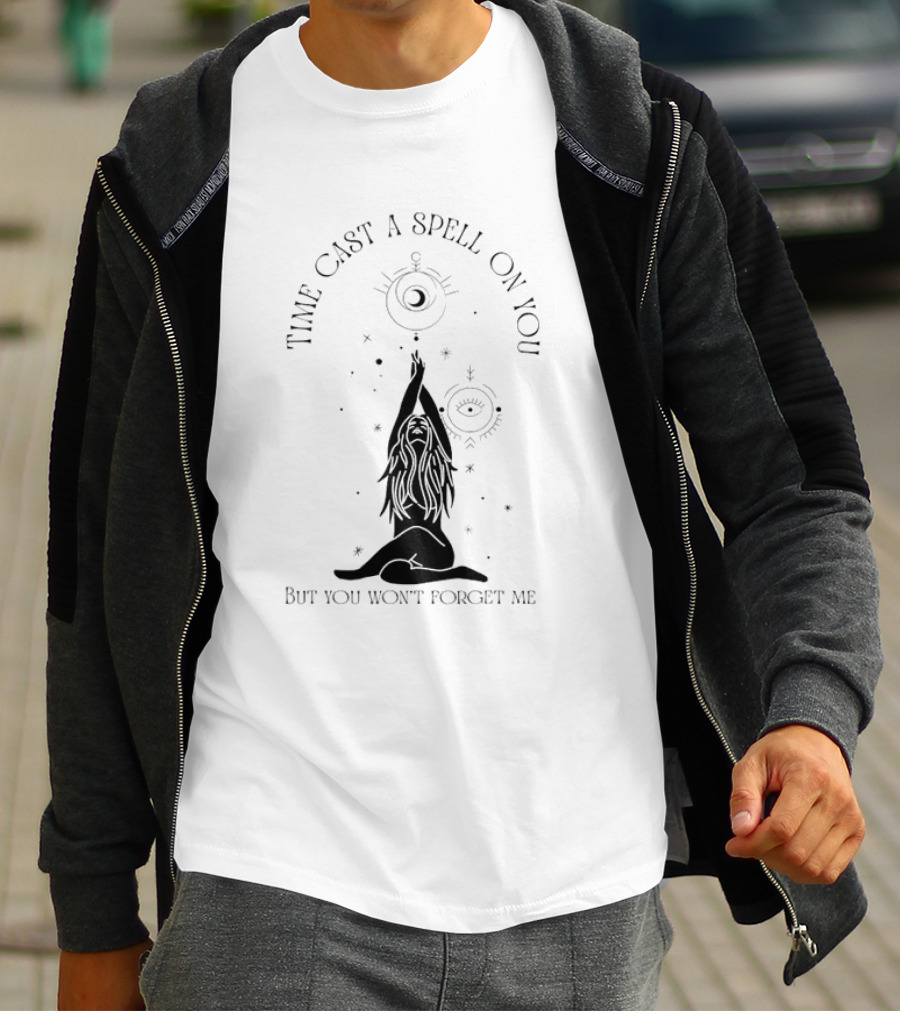 Time Cast A Spell On You But You Won’t Forget Me Mystical Yoga Pose With Celestial Symbols T-Shirt