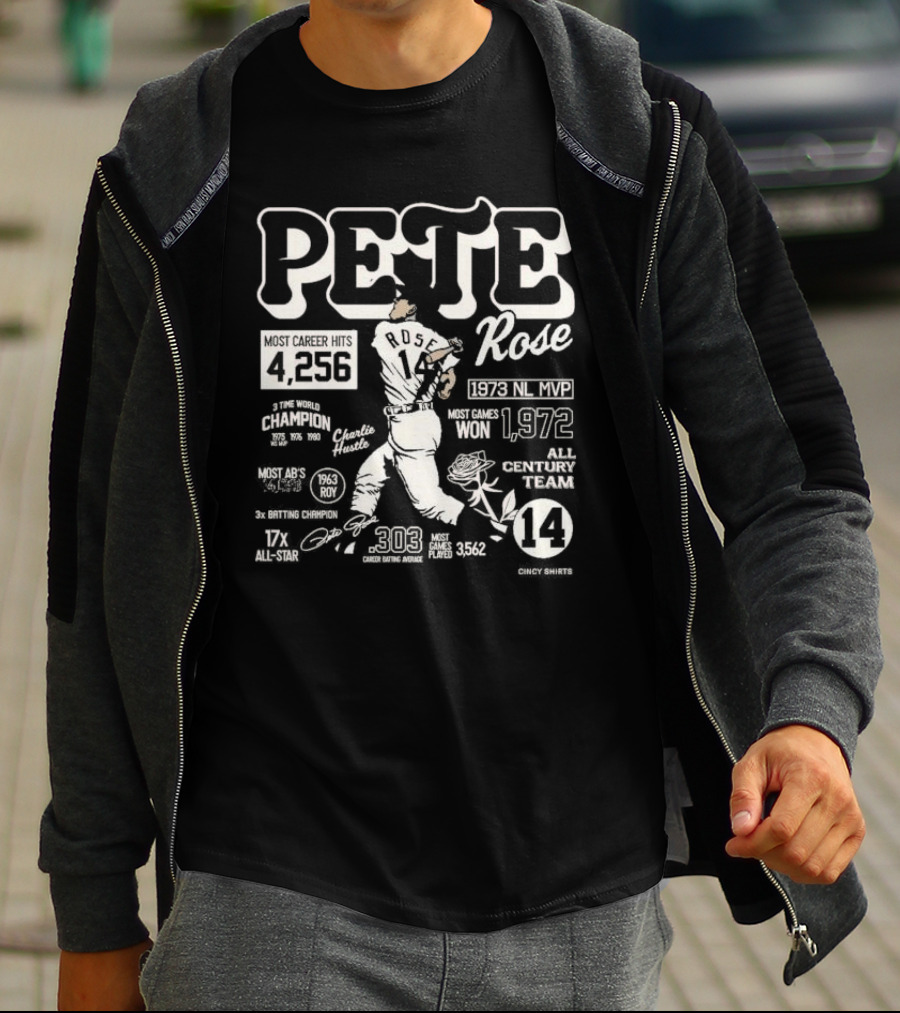 Pete Rose Career Stats 4256 Hits 303 Average 17x All-Star 1973 MVP 3x Batting Champion Charlie Hustle Player Baseball T-Shirt