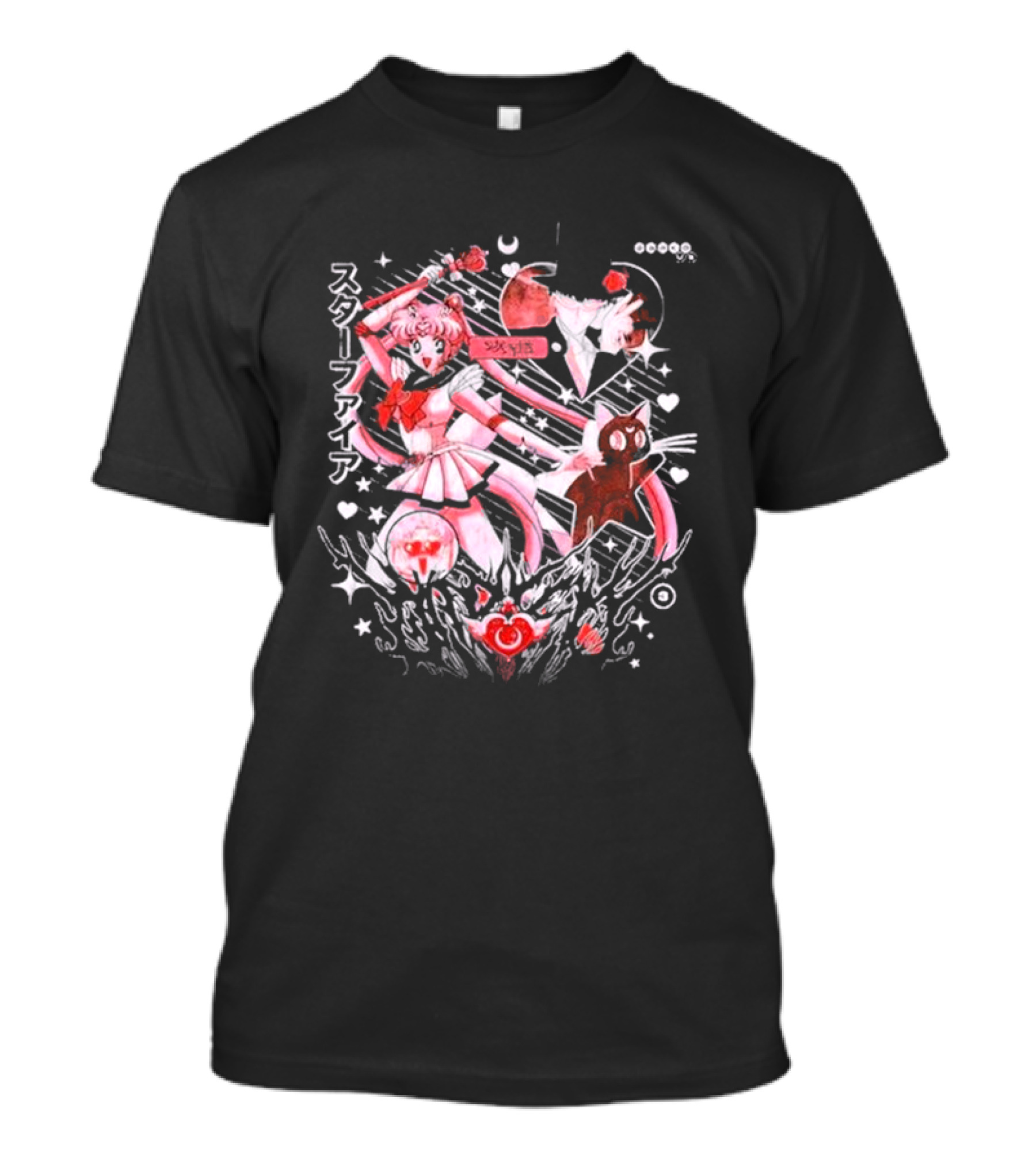 Darko Band Sm Starfire Japanese Text Sailor Moon Luna Hearts Moons Red Pink Black T-Shirt