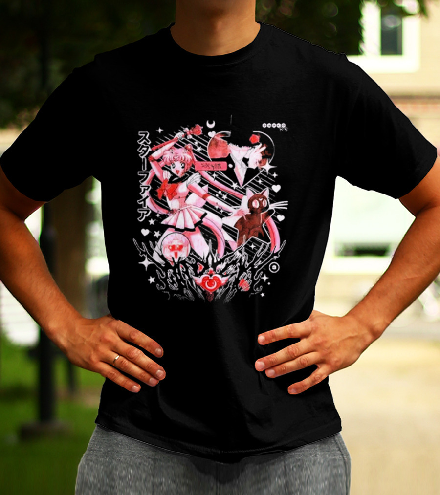 Darko Band Sm Starfire Japanese Text Sailor Moon Luna Hearts Moons Red Pink Black T-Shirt