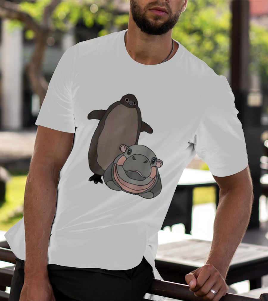 Pesto The Penguin And Moo Deng The Baby Hippo Cartoon Characters T-Shirt