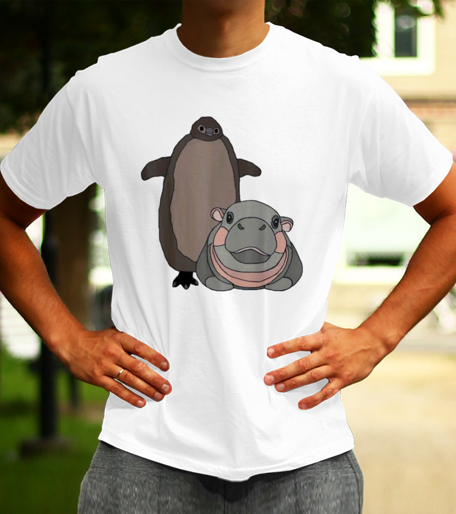 Pesto The Penguin And Moo Deng The Baby Hippo Cartoon Characters T-Shirt