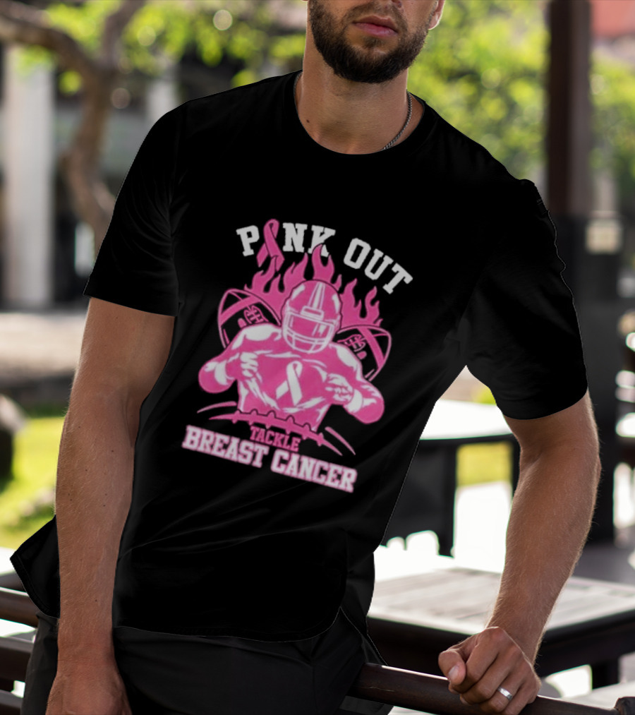 Pink Out Tackle Breast Cancer Awareness Football Player Ribbon Flames T-Shirt