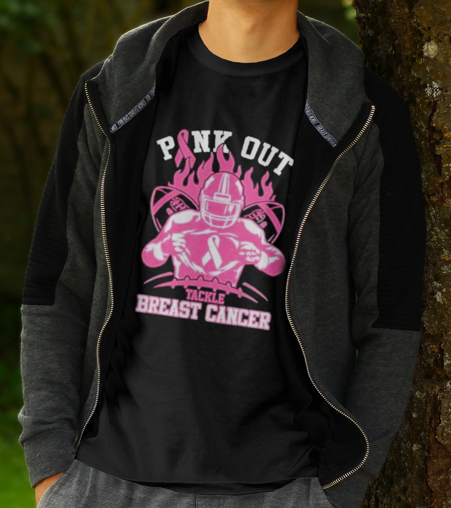 Pink Out Tackle Breast Cancer Awareness Football Player Ribbon Flames T-Shirt