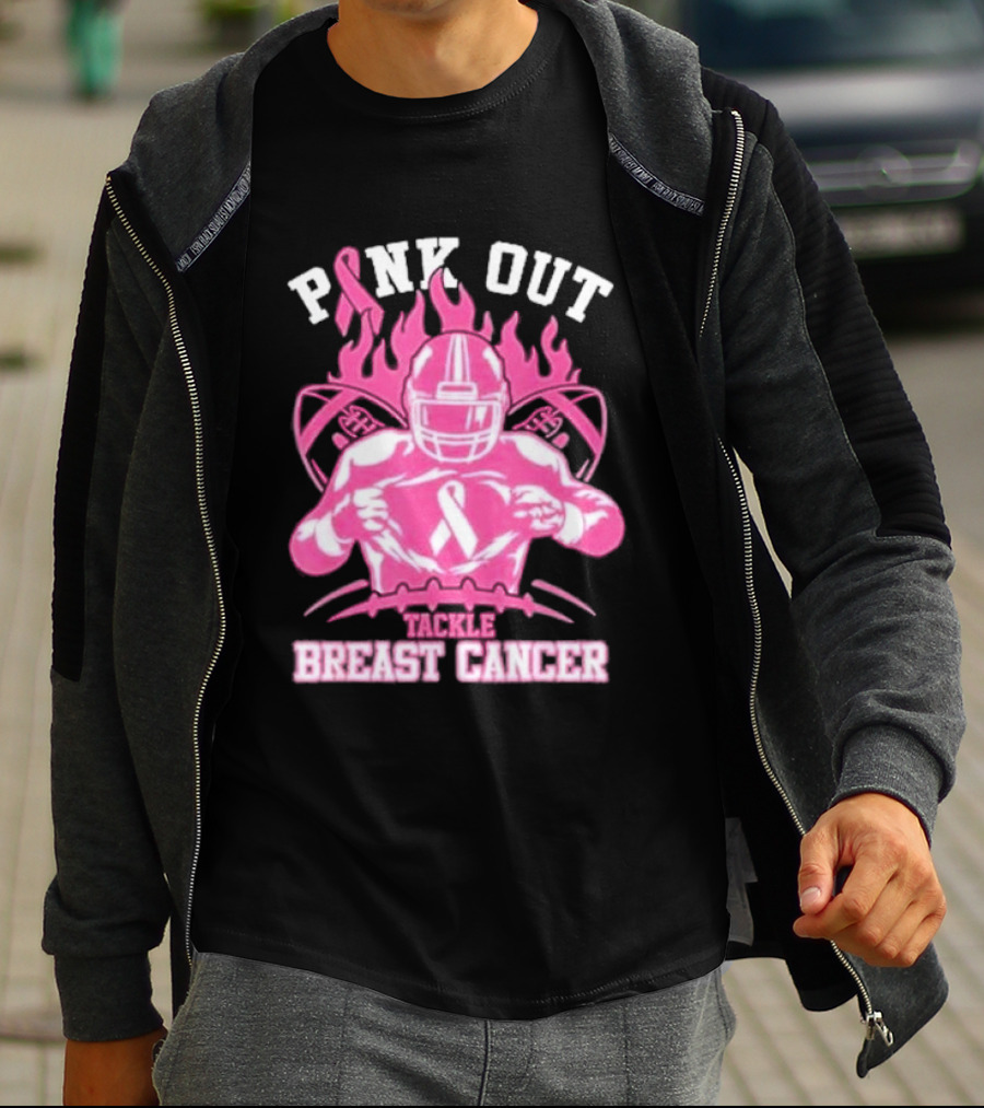 Pink Out Tackle Breast Cancer Awareness Football Player Ribbon Flames T-Shirt