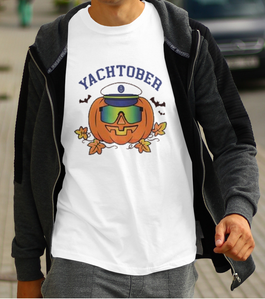 Yachtober Captain Pumpkin With Sunglasses And Bats T-Shirt