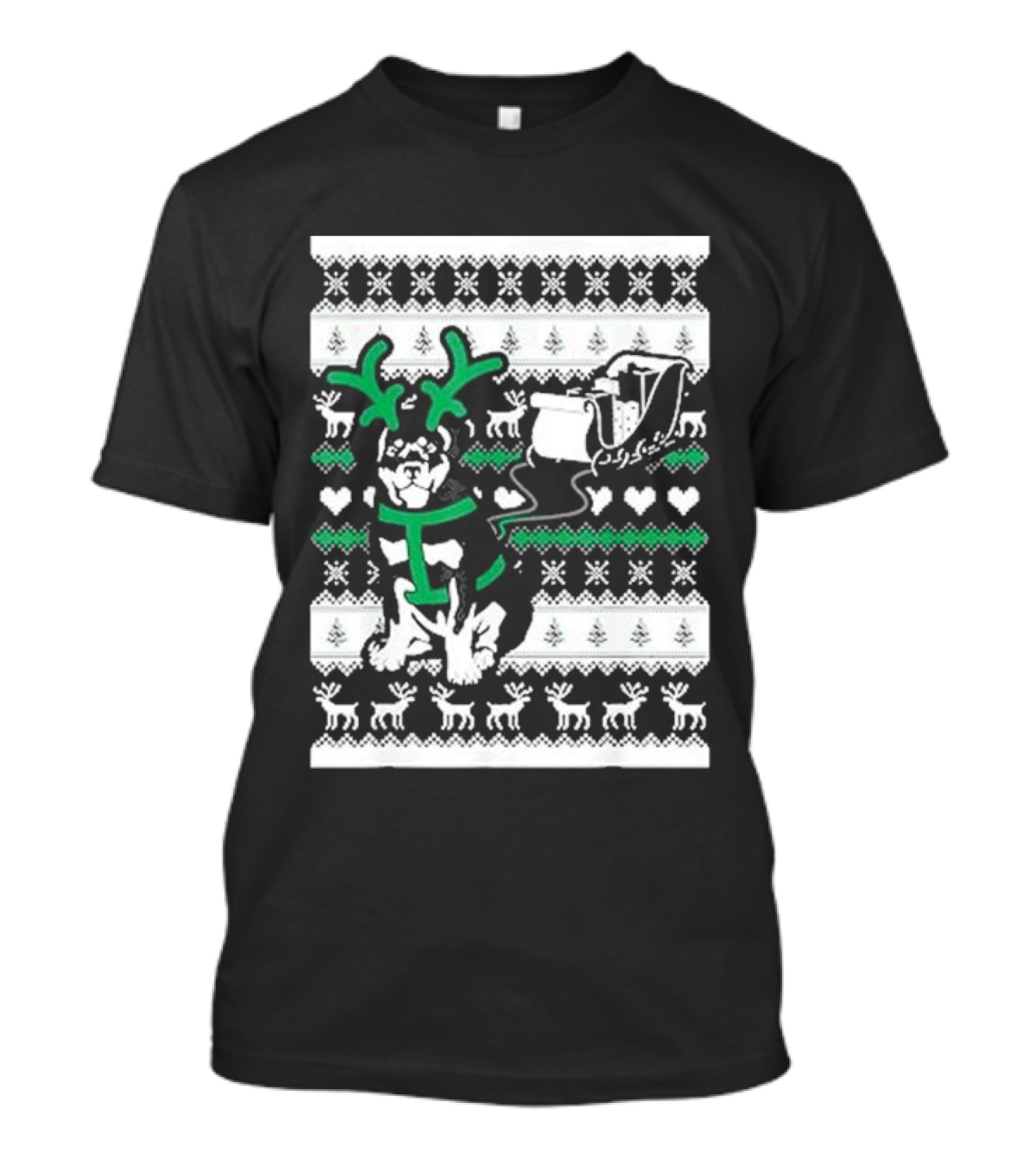 Christmas German Shepherd Wearing Antlers Pulling Santa Claus Sleigh Ugly T-Shirt