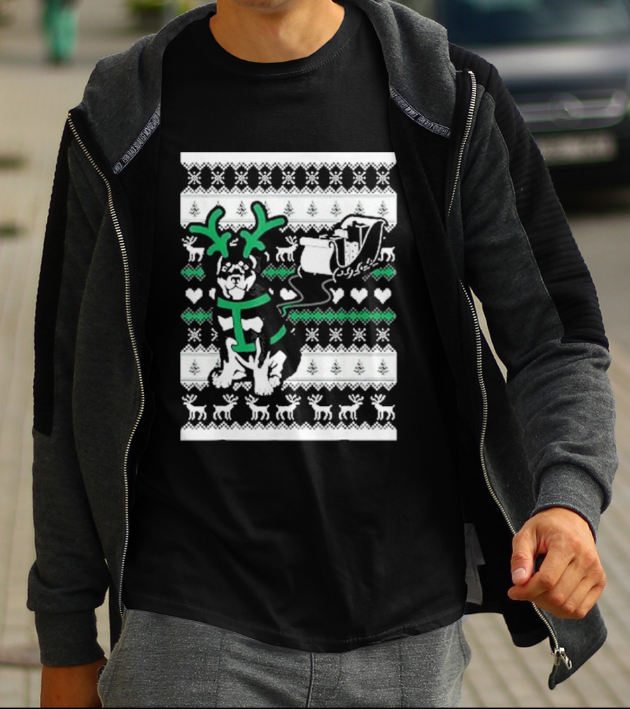 Christmas German Shepherd Wearing Antlers Pulling Santa Claus Sleigh Ugly T-Shirt