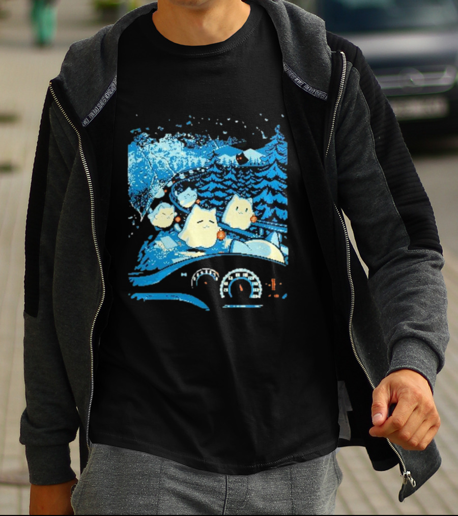 Haunted Road Pixel Art Ghost Cats Forest Adventure T-Shirt