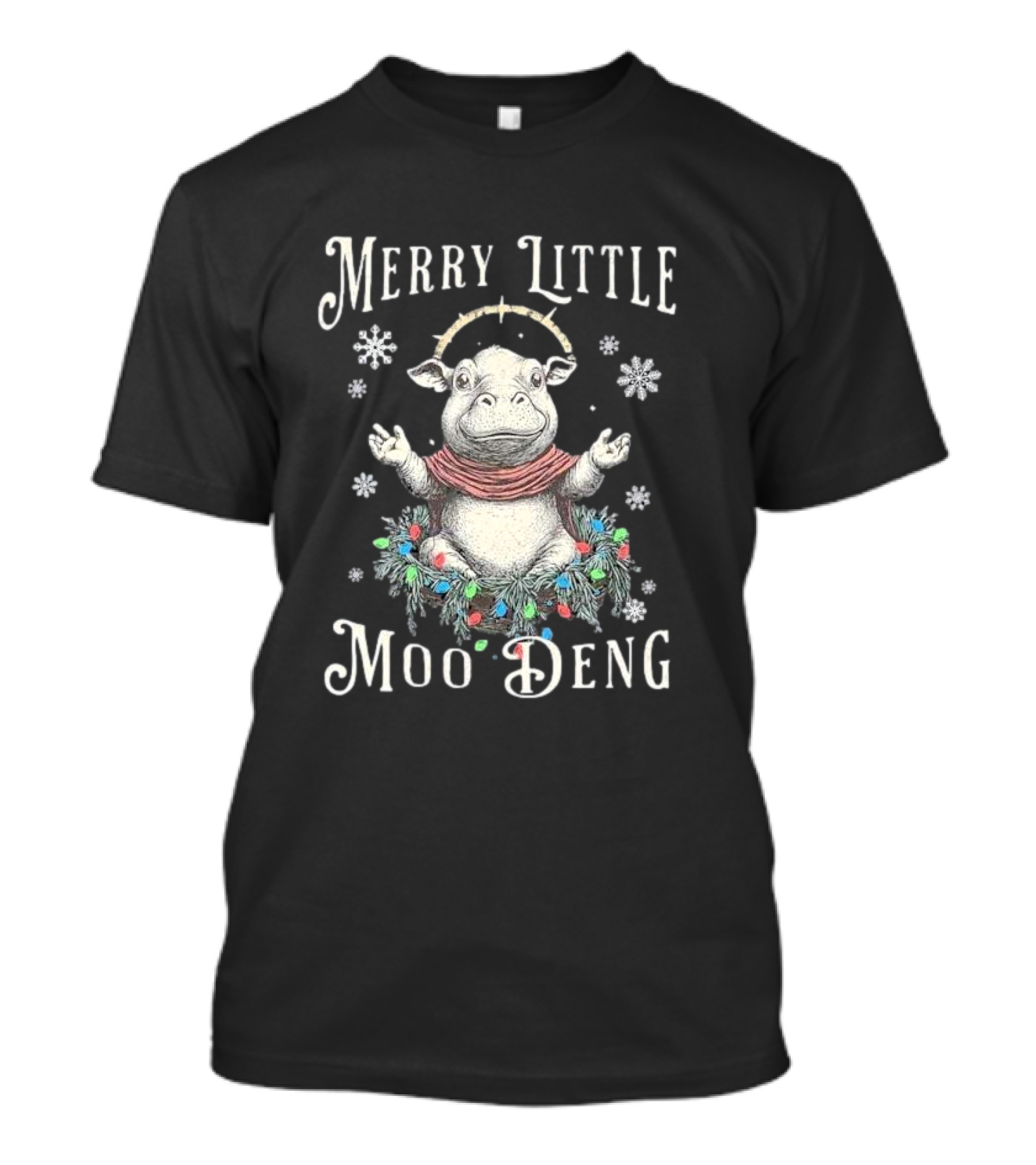 Merry Little Moo Deng Cute Christmas Hippo Surrounded By Snowflakes And Festive Wreath T-Shirt