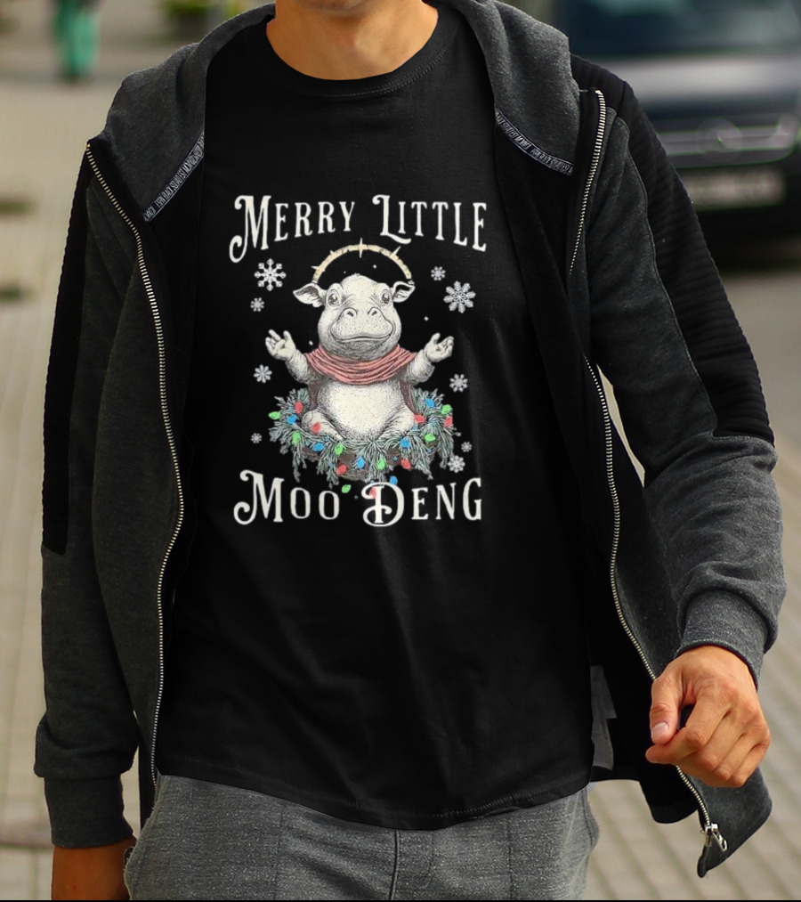 Merry Little Moo Deng Cute Christmas Hippo Surrounded By Snowflakes And Festive Wreath T-Shirt