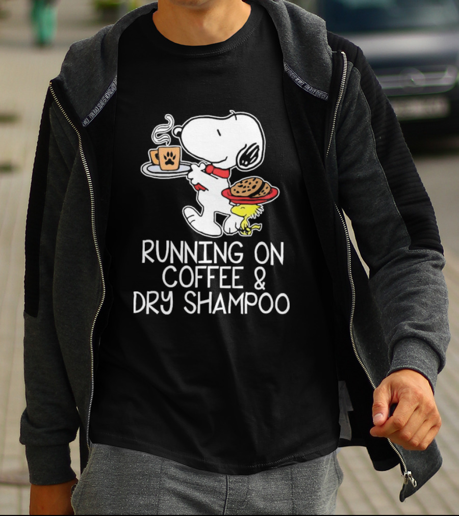 Snoopy And Woodstock Running On Coffee And Dry Shampoo T-Shirt