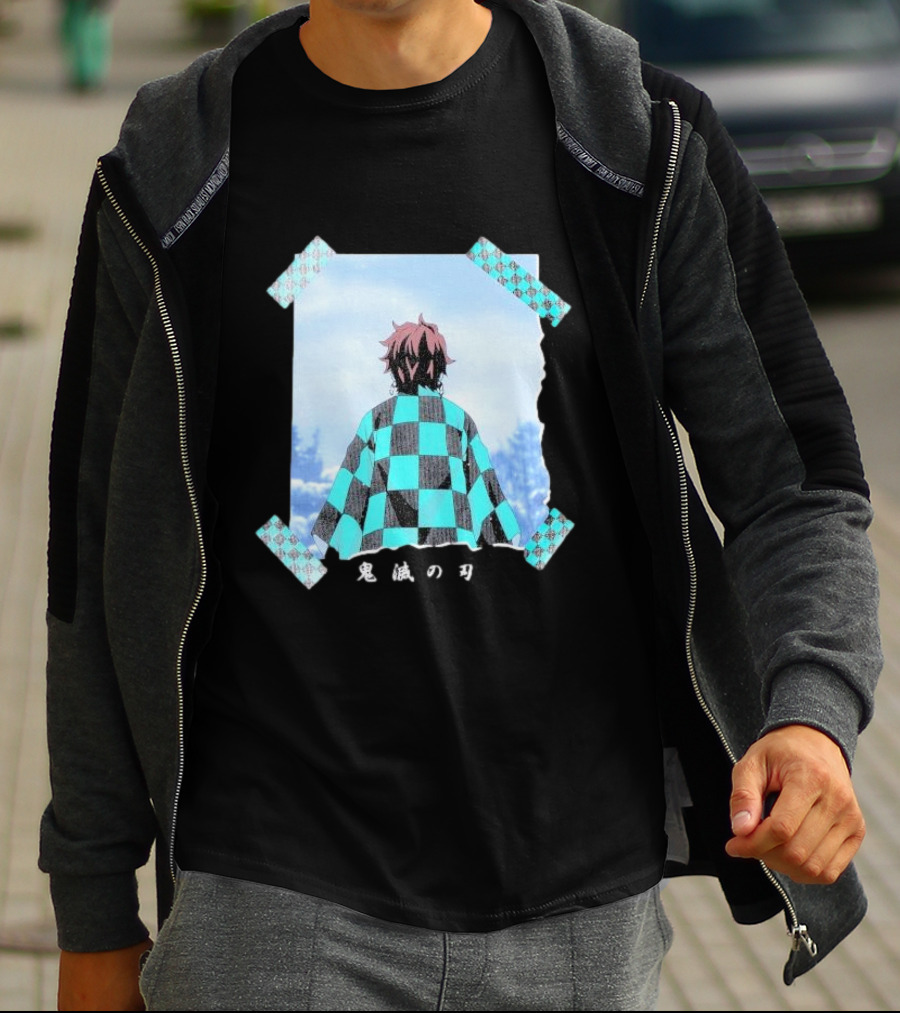 Demon Slayer Kimetsu No Yaiba Tanjiro Checkered Cloak Japanese Text UT Collection T-Shirt