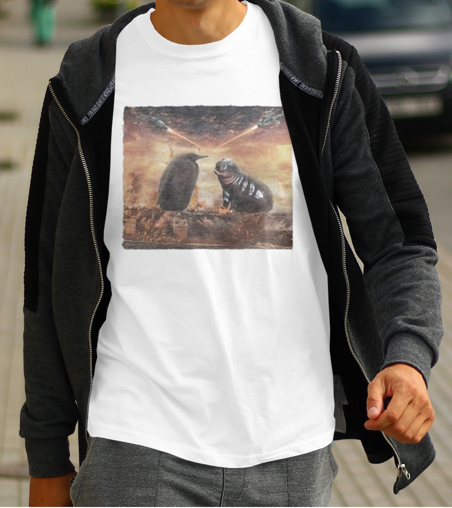 Baby Pesto Penguin Standoff With Moo Deng Amidst Battling Spaceships T-Shirt