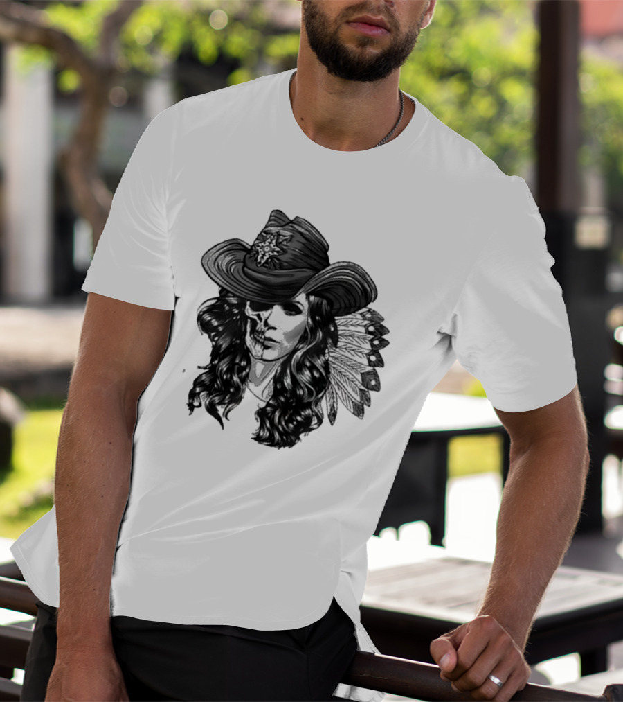 Mickie James Ghost Rider Cowgirl Skull Feather Hat T-Shirt