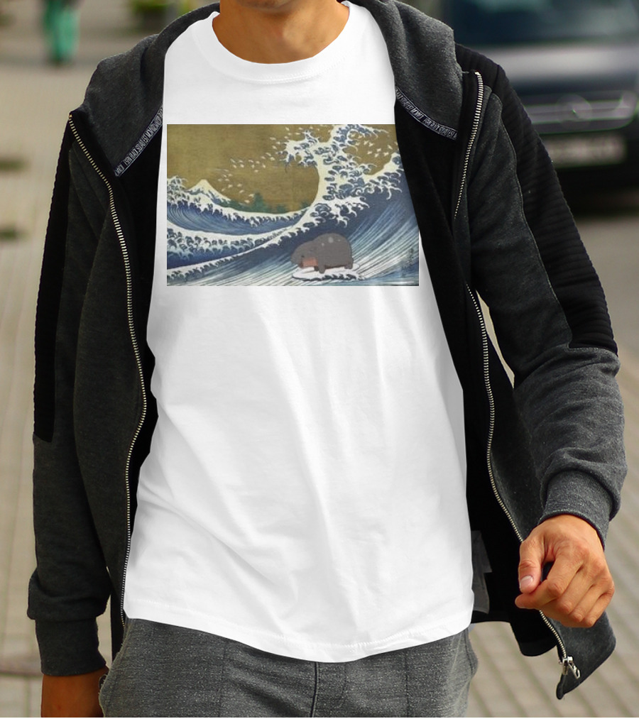 Moo Deng Surfing The Great Wave Off Kanagawa Hybrid T-Shirt