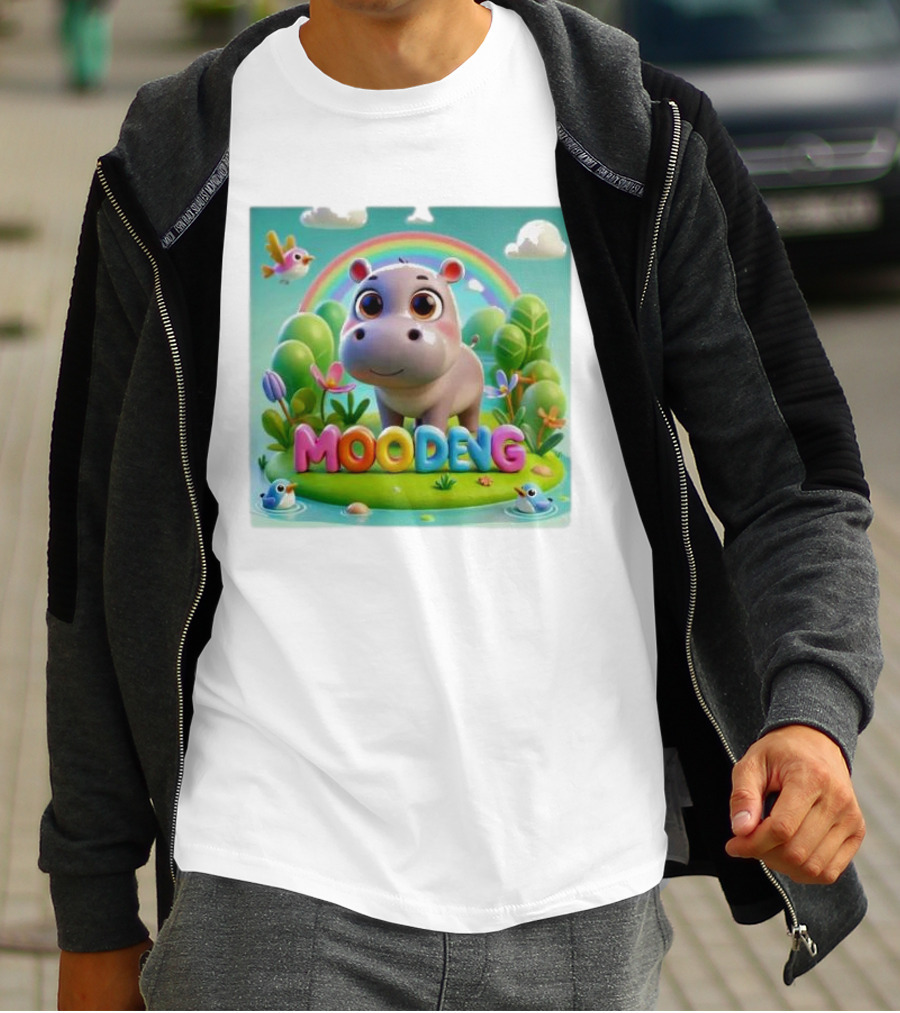 Moo-Deng The Famous Baby Pygmy Hippo Moo Deng Rainbow Meadow Scene T-Shirt
