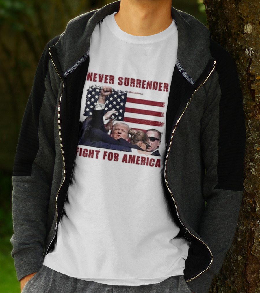 Never Surrender Fight For America Flag Background Patriot Stance T-Shirt