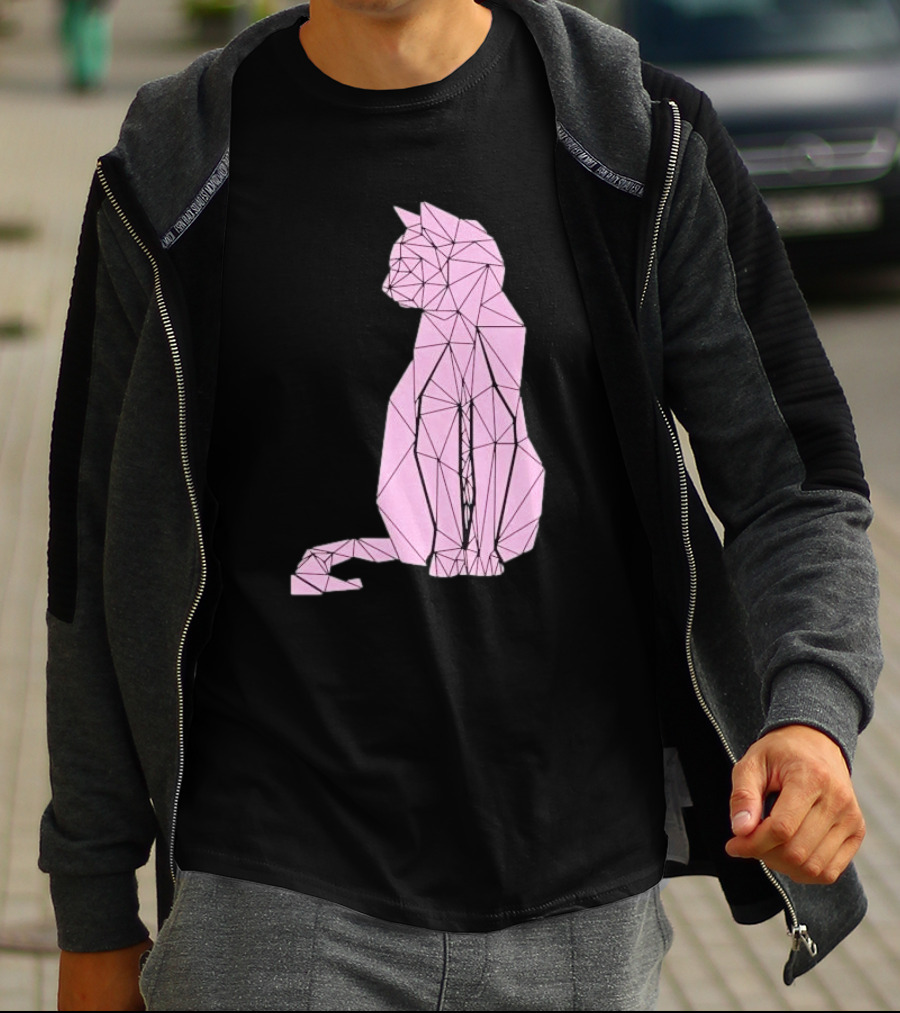 Geometric Cat Feline Pet Lover Minimalist Pink Line T-Shirt