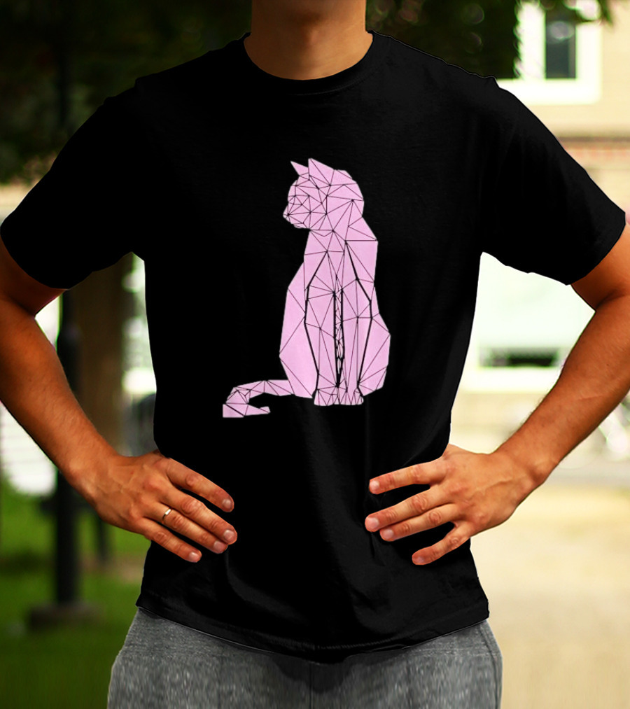 Geometric Cat Feline Pet Lover Minimalist Pink Line T-Shirt