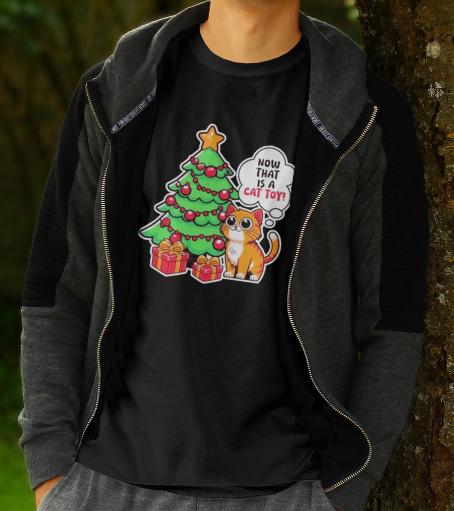 Now That Is A Cat Toy A Cute Orange Cat With Wide Eyes Next To Decorated Christmas Tree T-Shirt