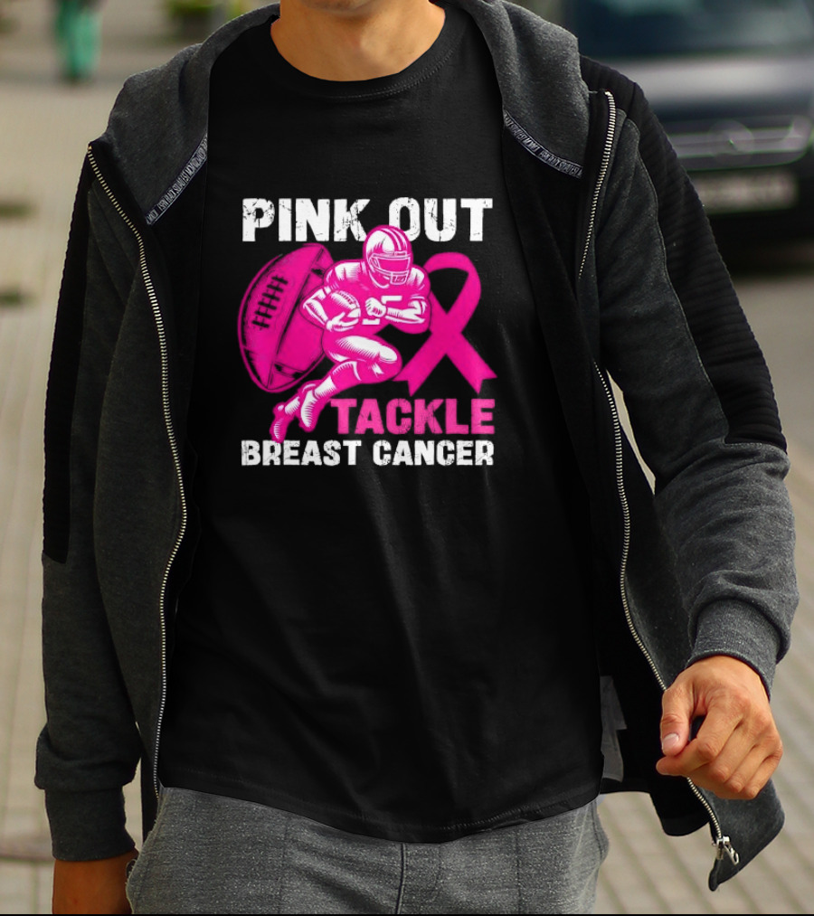 PINK OUT TACKLE BREAST CANCER Football Players Awareness T-Shirt