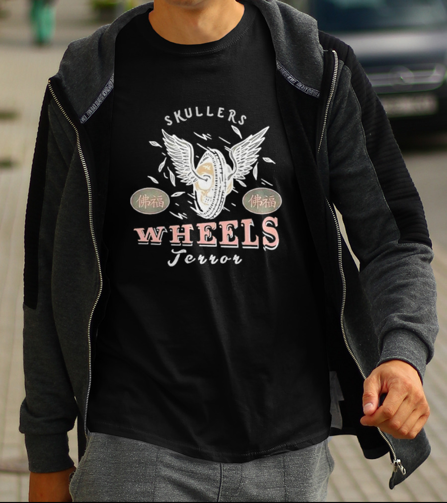 Skullers Wheels Terror With Winged Wheel And 佛福 Symbols T-Shirt