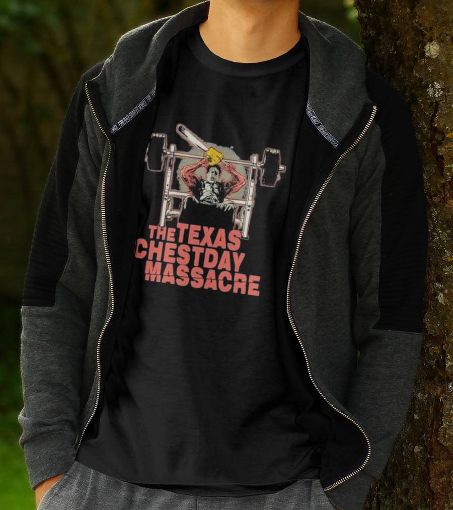 The Texas Chestday Massacre Horror Workout Characters Chainsaw Gym Scene T-Shirt
