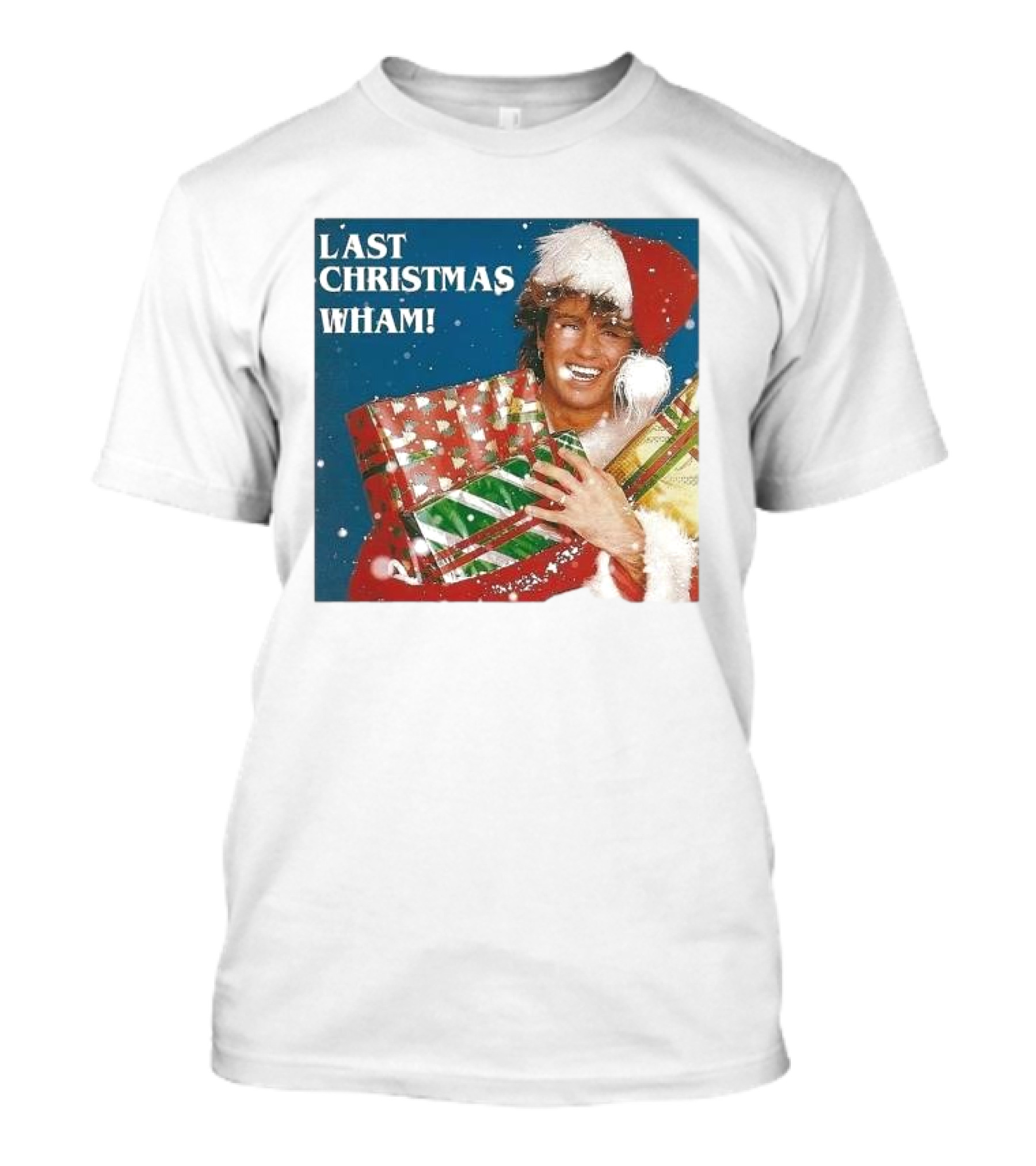 Last Christmas Wham George Michael Santa Hat Holding Gift T-Shirt