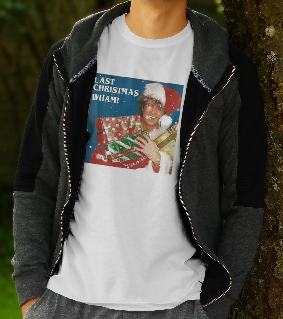Last Christmas Wham George Michael Santa Hat Holding Gift T-Shirt