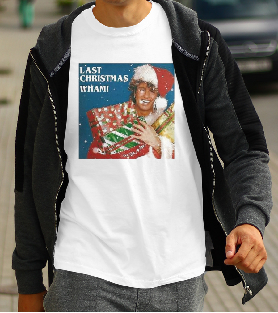 Last Christmas Wham George Michael Santa Hat Holding Gift T-Shirt