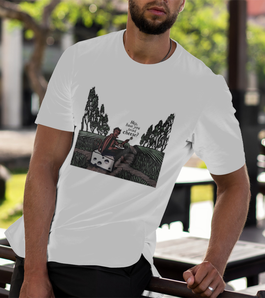 Devil Hey Have You Tried Cheese Sitting On Large Cheese Block In Countryside Scene T-Shirt