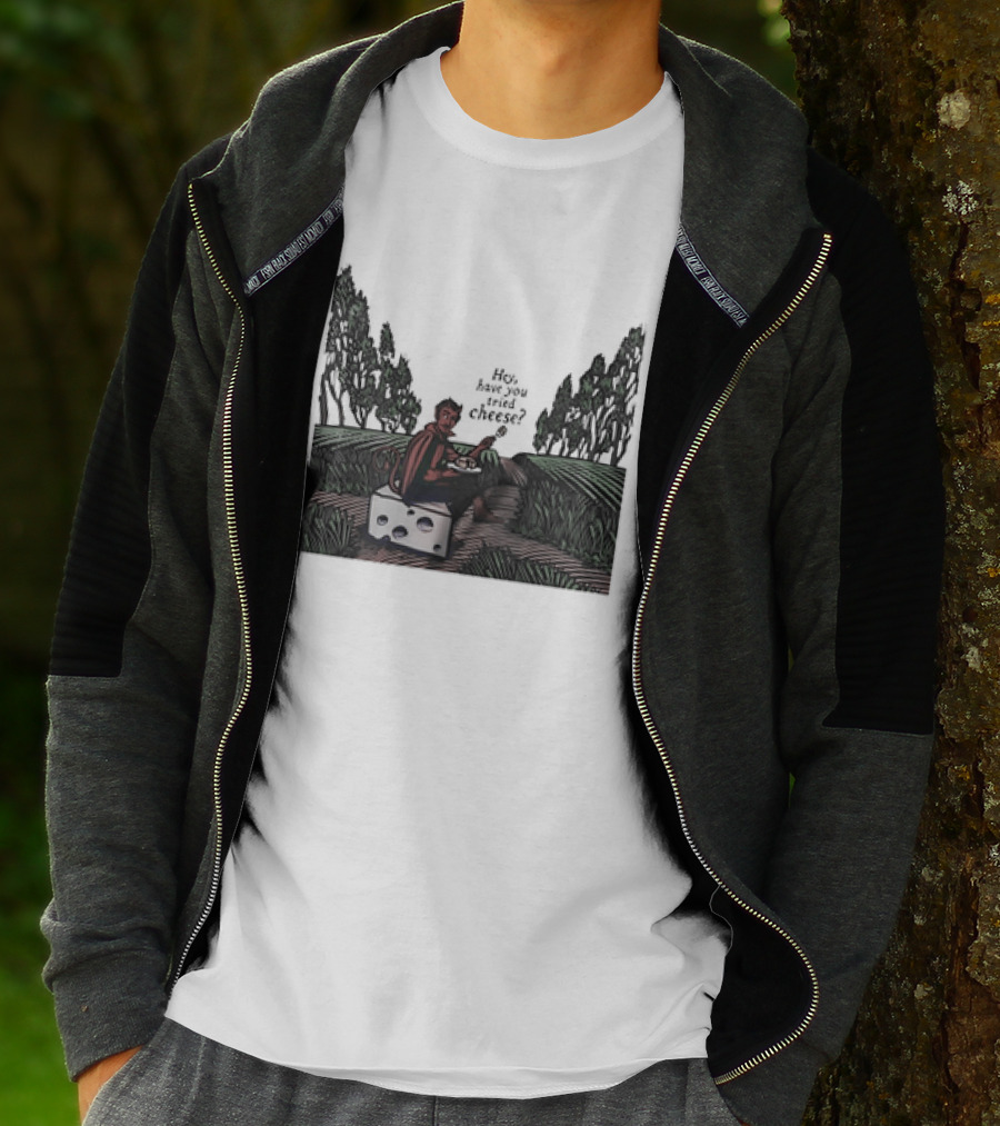 Devil Hey Have You Tried Cheese Sitting On Large Cheese Block In Countryside Scene T-Shirt
