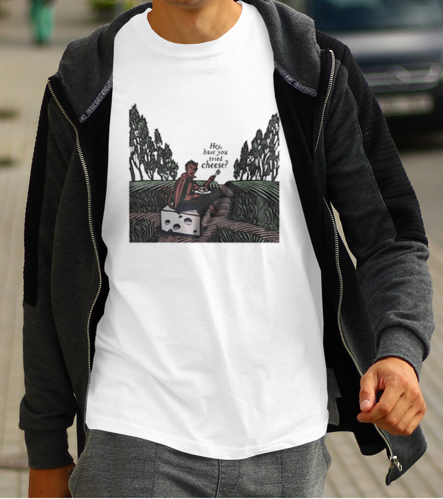 Devil Hey Have You Tried Cheese Sitting On Large Cheese Block In Countryside Scene T-Shirt