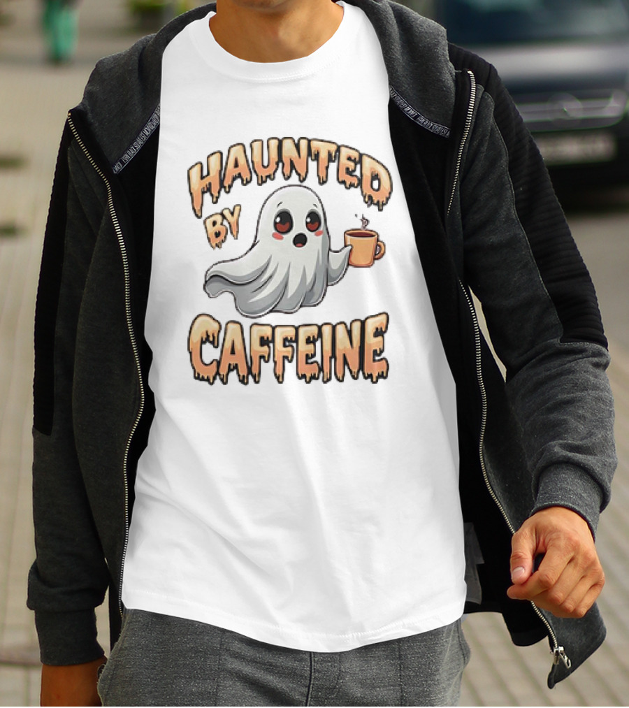 Haunted By Caffeine Ghost Holding Coffee Cup T-Shirt