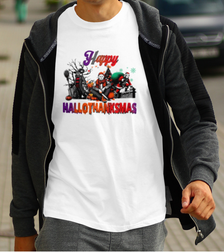 Happy Hallothanksmas Horror Freddy Voorhees Christmas Characters T-Shirt