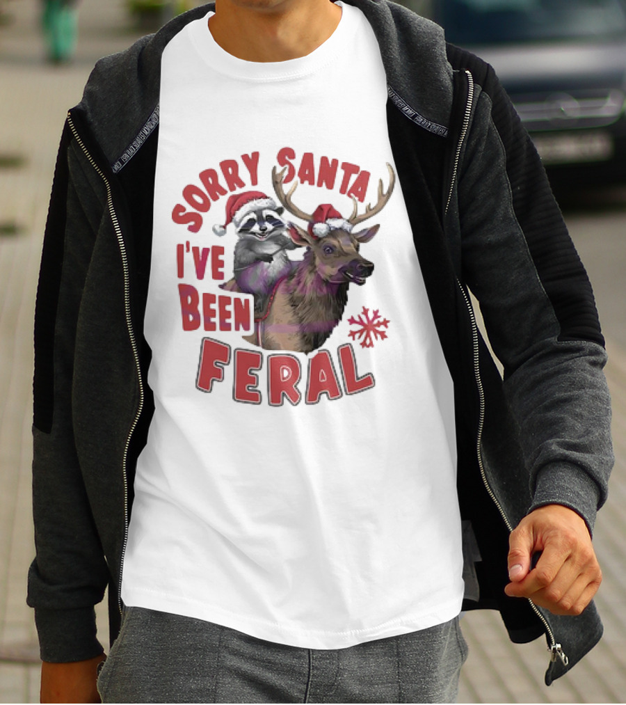 Sorry Santa I've Been Feral Raccoon Christmas Reindeer Santa Hat T-Shirt