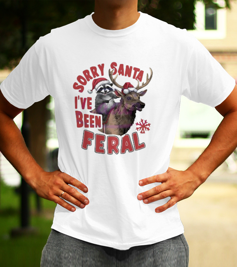 Sorry Santa I've Been Feral Raccoon Christmas Reindeer Santa Hat T-Shirt