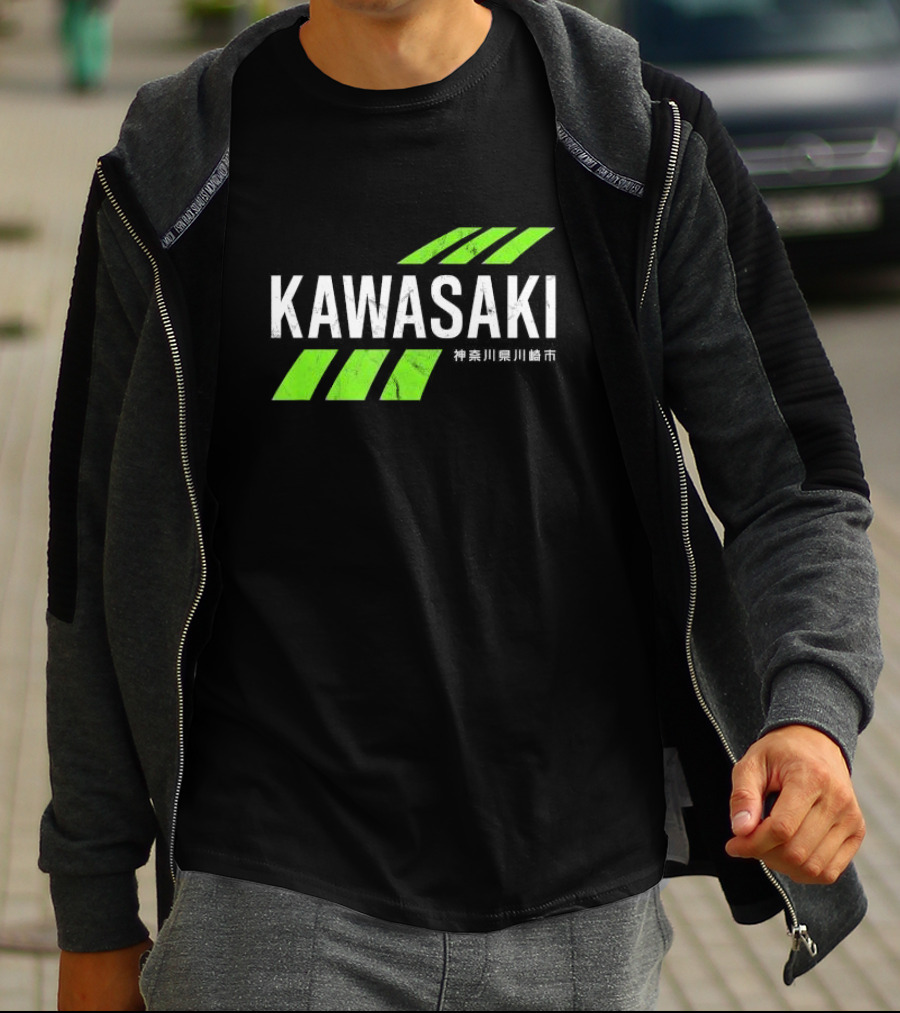 Kawasaki Green City Kanagawa Japanese Text Racing Stripes T-Shirt