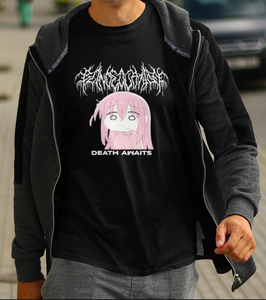 Bocchi The Rock Death Awaits Metal Style Art With Pink-Haired Character T-Shirt