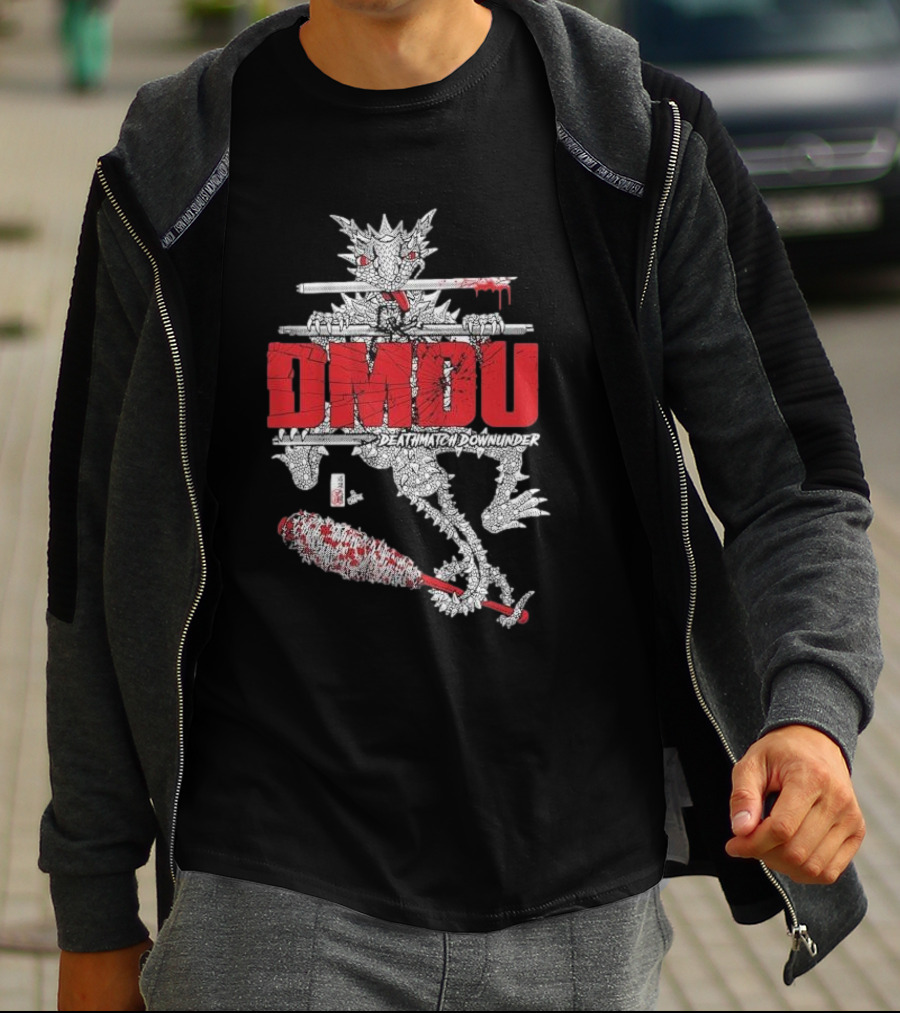 DMOU Deathmatch Downunder Dragon With Barbed Bat And Weaponry T-Shirt