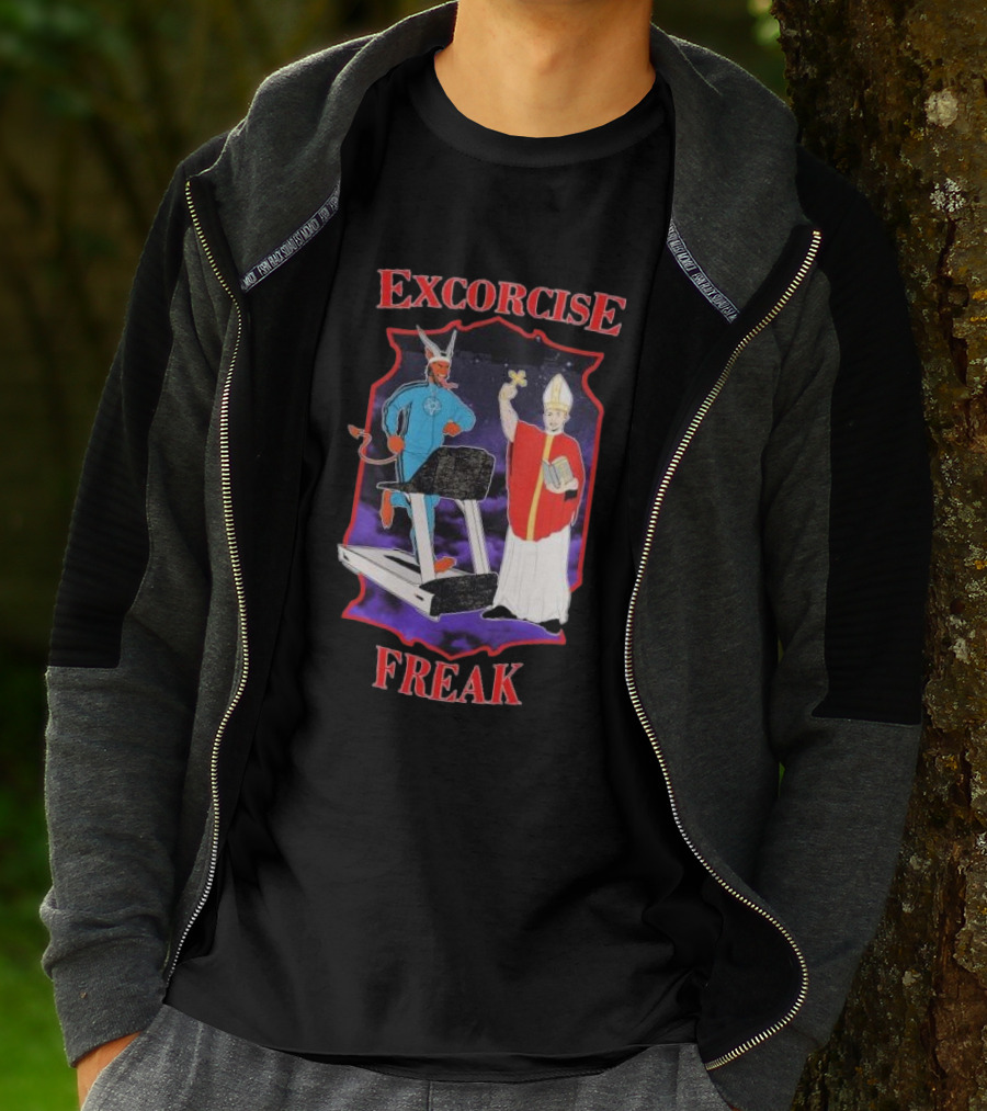 EXCORCISE FREAK Demon On Treadmill With Priest T-Shirt