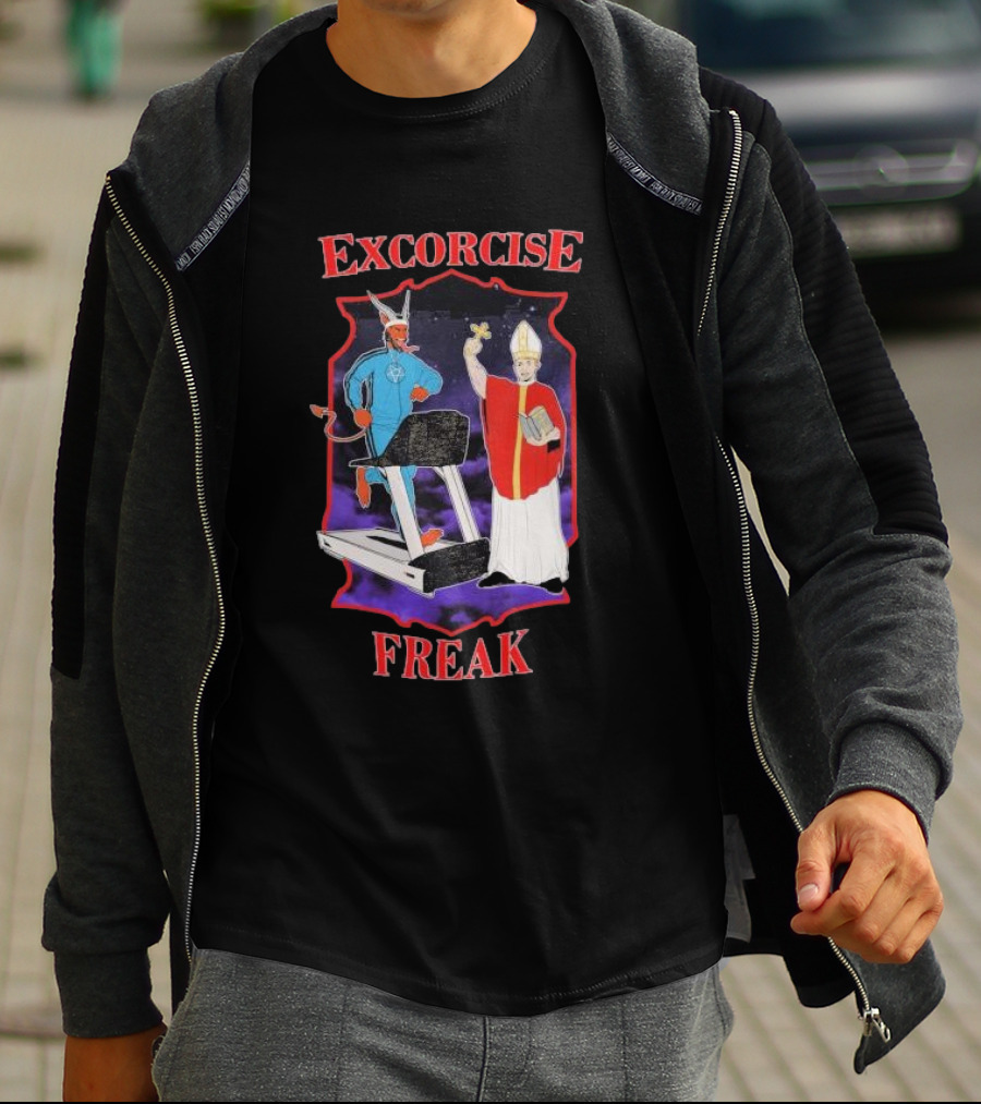 EXCORCISE FREAK Demon On Treadmill With Priest T-Shirt