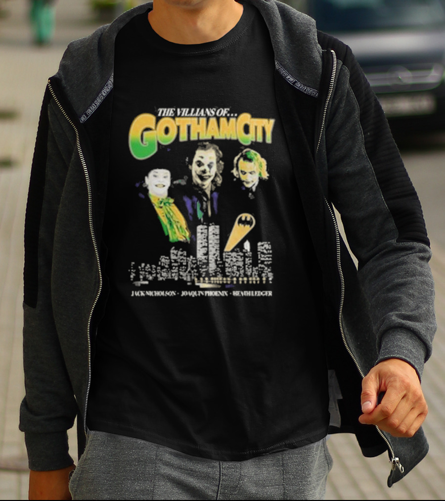 The Villains Of Gotham City Jack Nicholson Joaquin Phoenix Heath Ledger Joker Trio T-Shirt