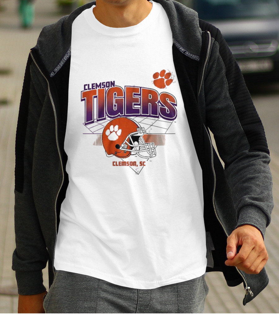 Clemson Tigers Football Helmet Logo Clemson SC Grid Paw Prints T-Shirt